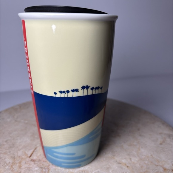 Starbucks Coffee California Beach Sunset Ceramic Travel Tumbler Mug 12 oz w/ Lid - Picture 5 of 9
